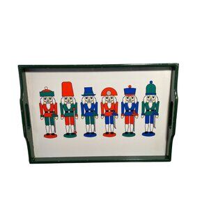 Vintage Nutcracker Themed Serving Tray With Green Wooden Frame & Handles